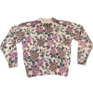 Vtg 90s Floral Angora Silk Lambs Wool Cottage Rose Prairie Grandma Sweater M